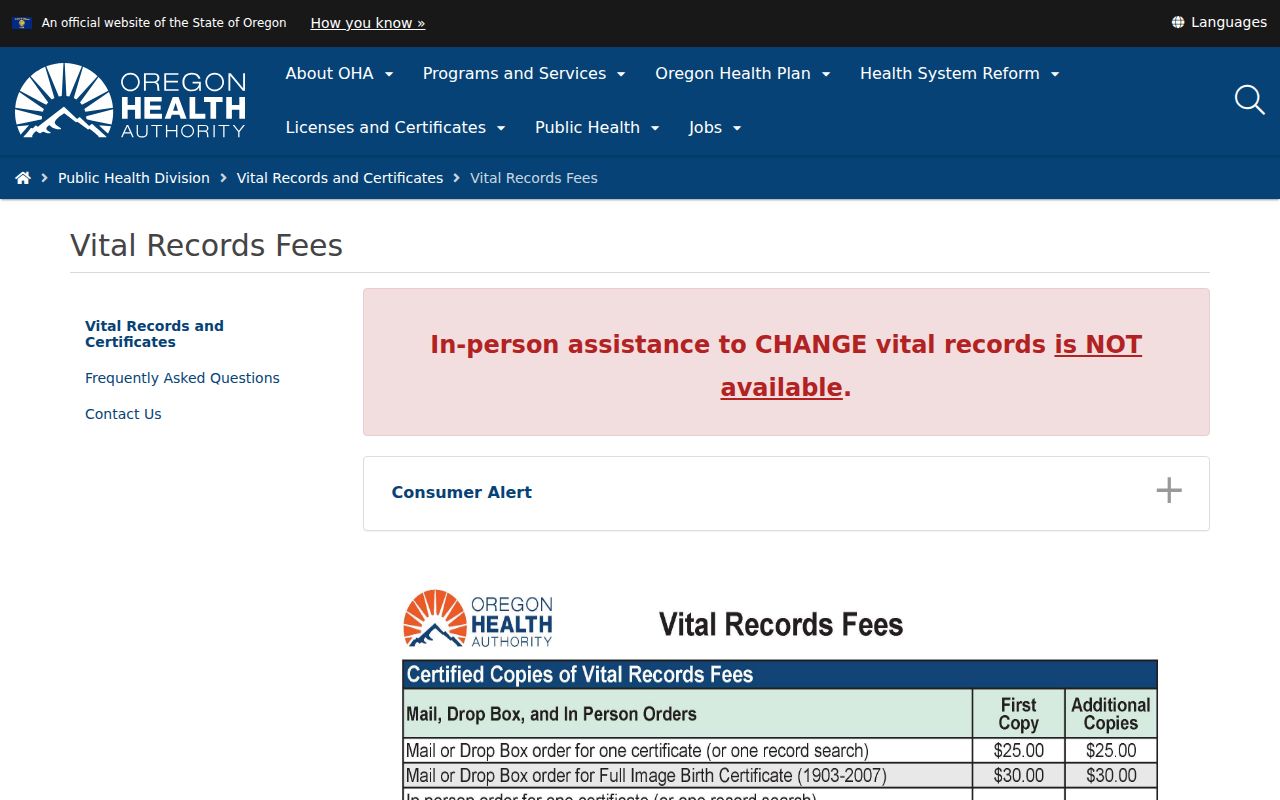 Grants Pass residents directory Oregon vital-record ordering fees and channels
