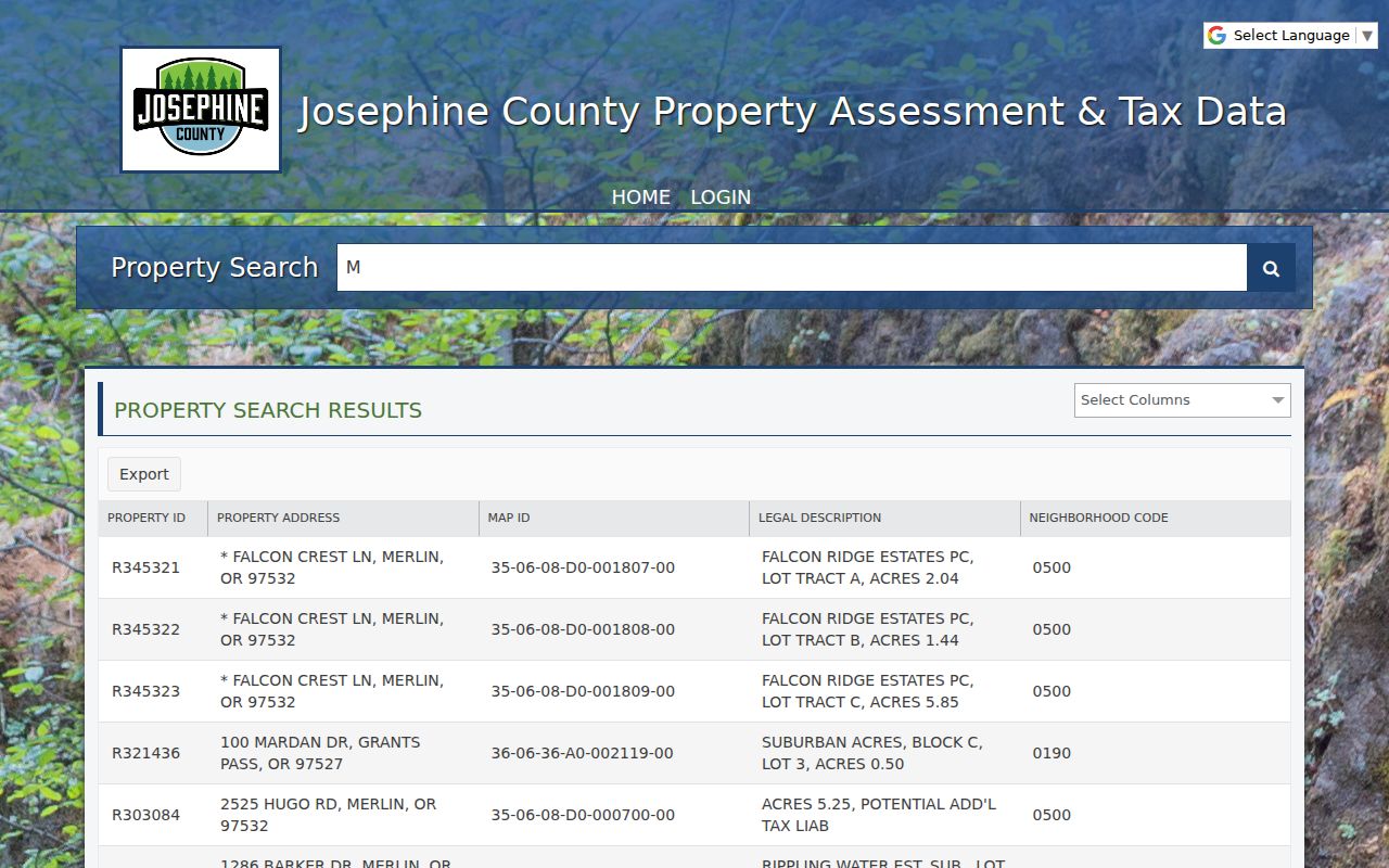 Grants Pass street directory Josephine County property result table